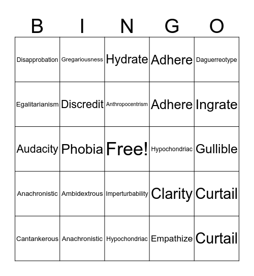 Vocabulary Bingo Card