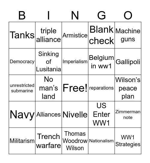 WW1 Bingo Card