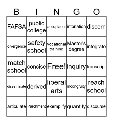 Grade Level Vocab and College Terms Bingo Card