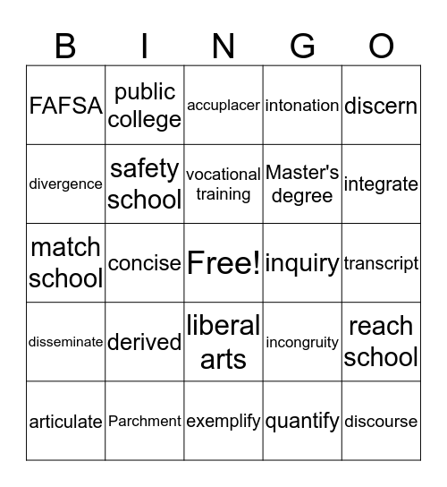Grade Level Vocab and College Terms Bingo Card