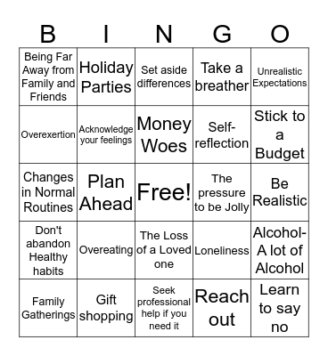 Blues, Depression, and the Holidays Bingo Card