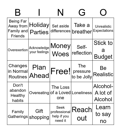 Blues, Depression, and the Holidays Bingo Card