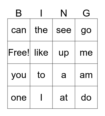 Sight Words Bingo Card