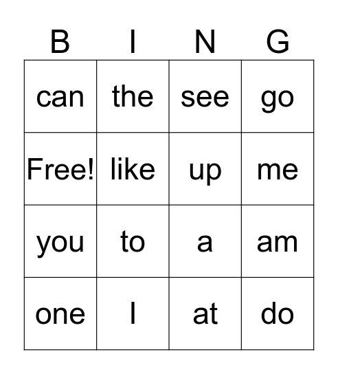 Sight Words Bingo Card