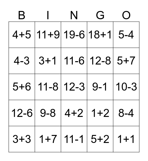 Arvutamine 1-20 Bingo Card