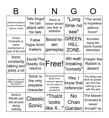 Upcoming Sonic Game Bingo Card