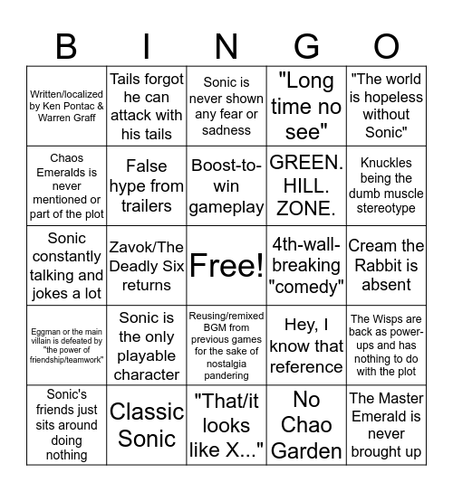 Upcoming Sonic Game Bingo Card