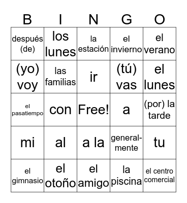 Unidad 3 - Vocabulario 1 Bingo Card