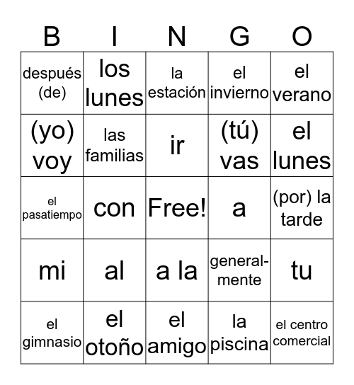 Unidad 3 - Vocabulario 1 Bingo Card