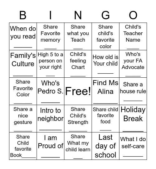 Socialization Bingo Card