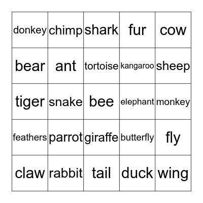 Animals Bingo Card