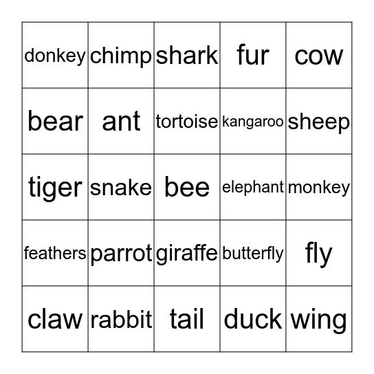 Animals Bingo Card