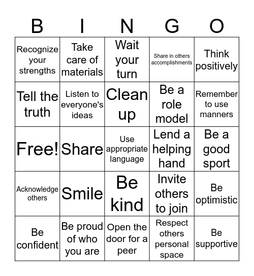 Self Esteem and Respect  Bingo Card