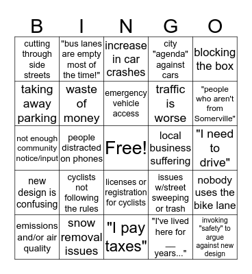 Broadway Bus Lane Bingo Card