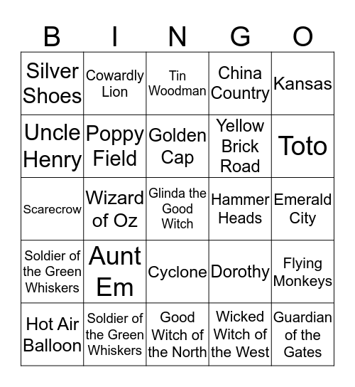 The Wonderful Wizard of Oz Bingo Card