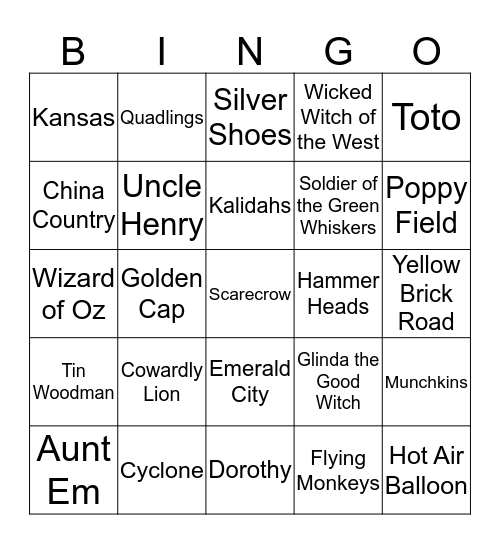 The Wonderful Wizard of Oz Bingo Card