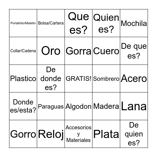 Accesorios y Materiales Bingo Card