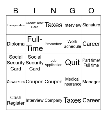 Job Related Vocabulary  Bingo Card