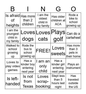 Kindergarten Round-Up Bingo Card