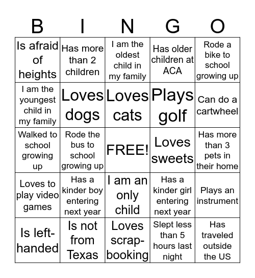 Kindergarten Round-Up Bingo Card