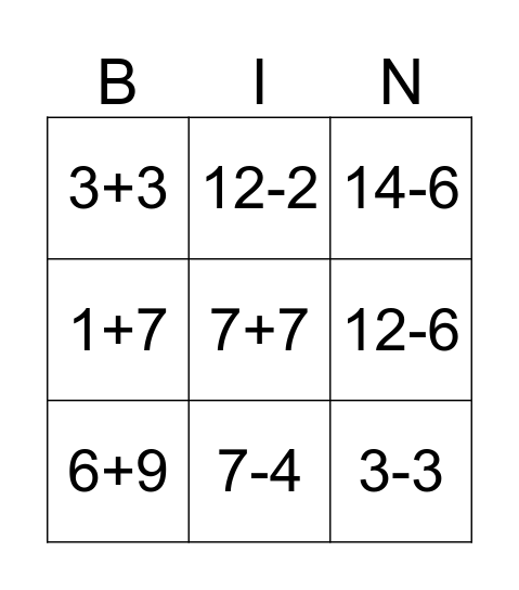 Math Tic Tac Toe Bingo Card