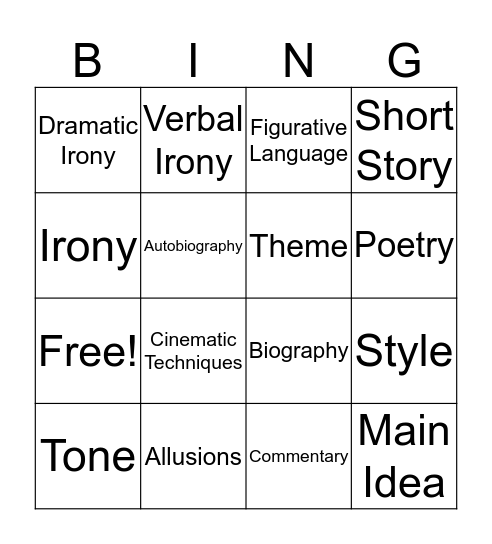 English Honors  Bingo Card