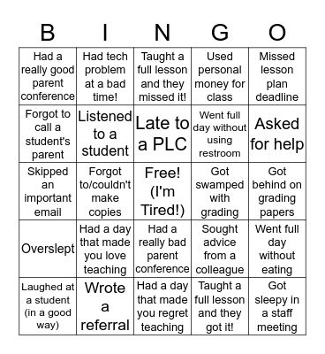 SCCSD First Semester New Teacher Bingo Card