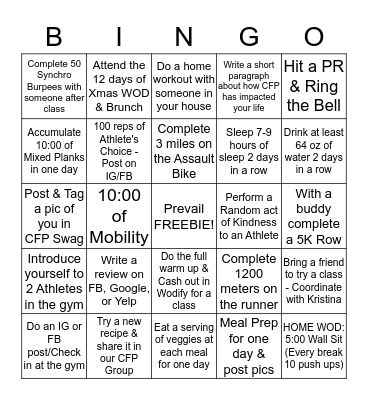 Prevail 24 Day Challenge         BINGO CARD - Due January 2nd Bingo Card