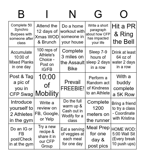 Prevail 24 Day Challenge         BINGO CARD - Due January 2nd Bingo Card