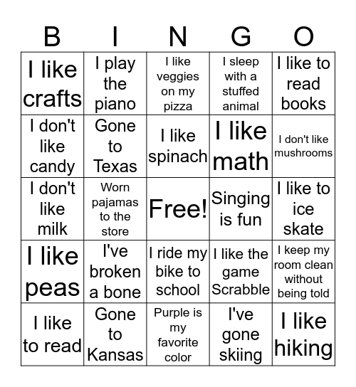 Things About Me BINGO Card