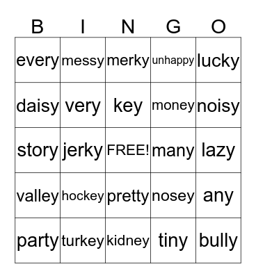 -y and -ey bingo Card