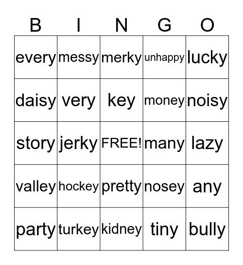 -y and -ey bingo Card