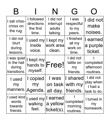 Behavior Bingo Card