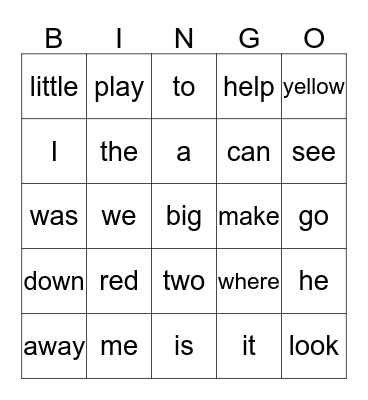 Sight Words Bingo Card