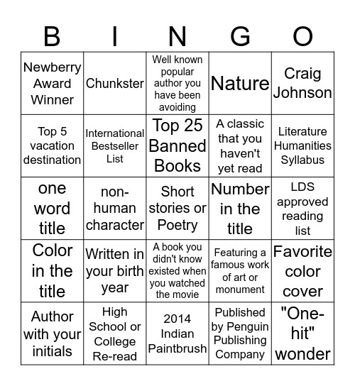 Summer/Fall Book Challenge!  Bingo Card