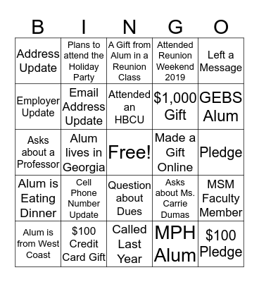 Phonathon Bingo Card