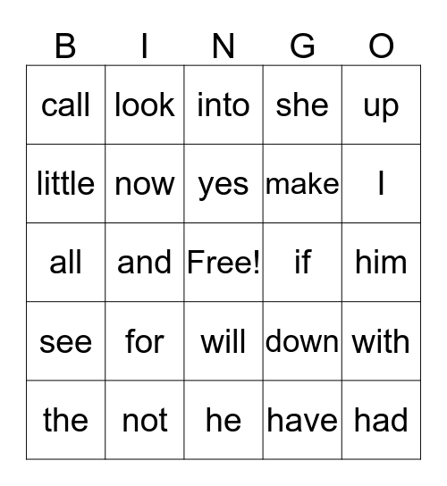 Sight Word Bingo Card