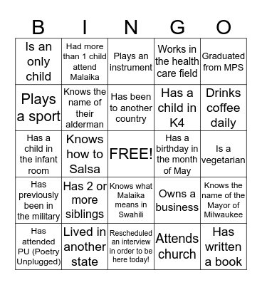 Getting to Know You Bingo Card