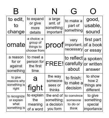 Academic Vocabulary Bingo Card