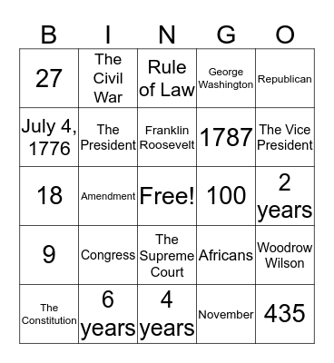 Arkansas Civics Exam Review Bingo Card