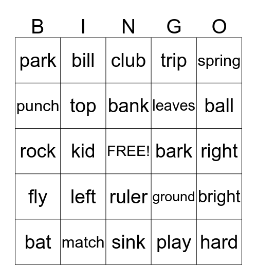 Homograph Bingo Card