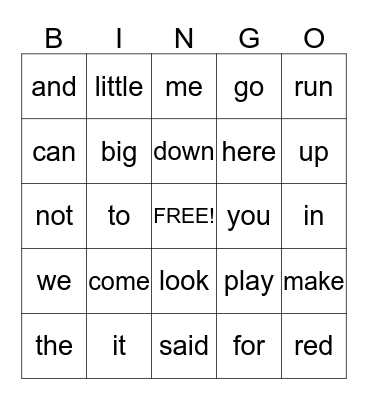 Sight Words Bingo Card