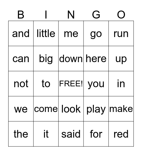 Sight Words Bingo Card