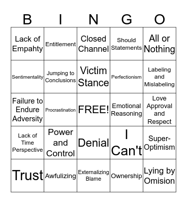 Thinking Errors Bingo Card