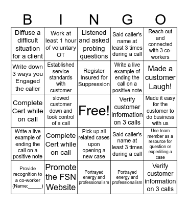 Customer Service Bingo Card