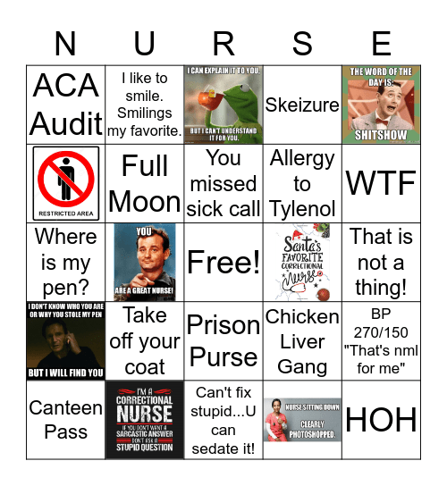 Correctional Nurse Holiday Bingo Card