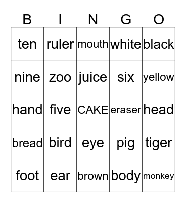 BINGO CARDS FOR PEP VOCABULARY Bingo Card