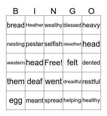 Short E Sound Bingo Card
