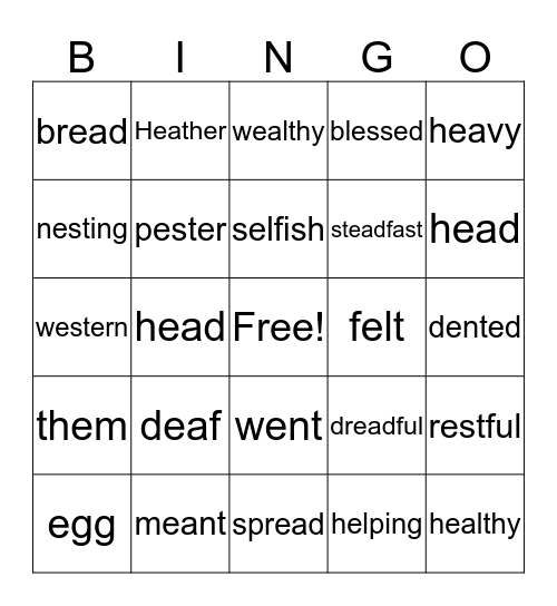 Short E Sound Bingo Card