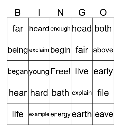 300 words Bingo Card